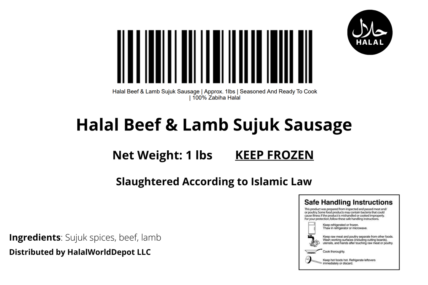 Halal Beef & Lamb Sujuk Sausage | Approx. 1lbs | Seasoned And Ready To Cook | 100% Zabiha Halal