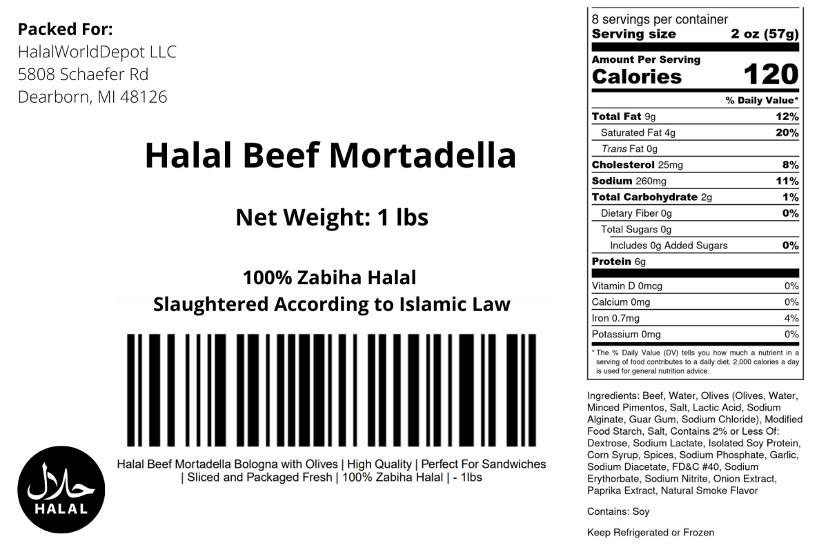 Halal Beef Mortadella Bologna with Olives | High Quality | Perfect For Sandwiches | - HalalWorldDepot