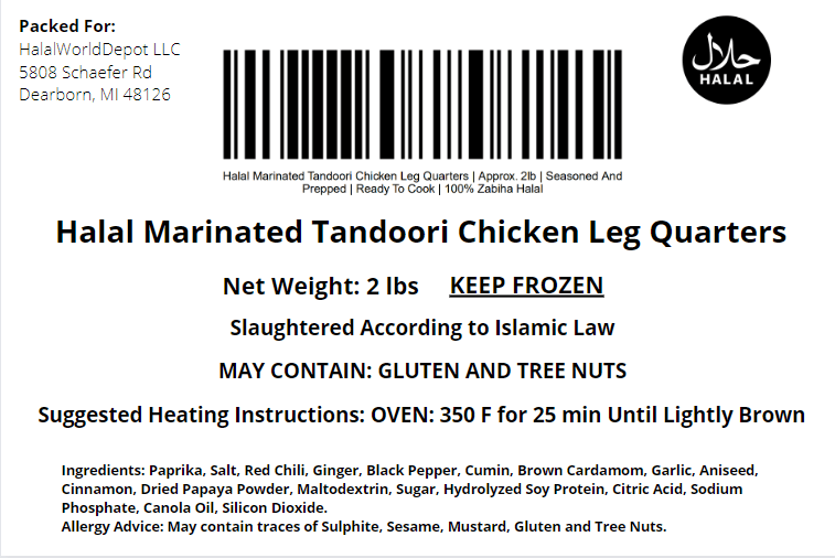 Halal Marinated Tandoori Chicken Leg Quarters | Seasoned And Prepped | Ready To Cook | - HalalWorldDepot