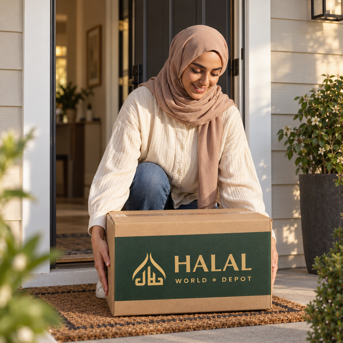 Illustrative lifestyle image of a woman collecting an HWD delivery from her porch